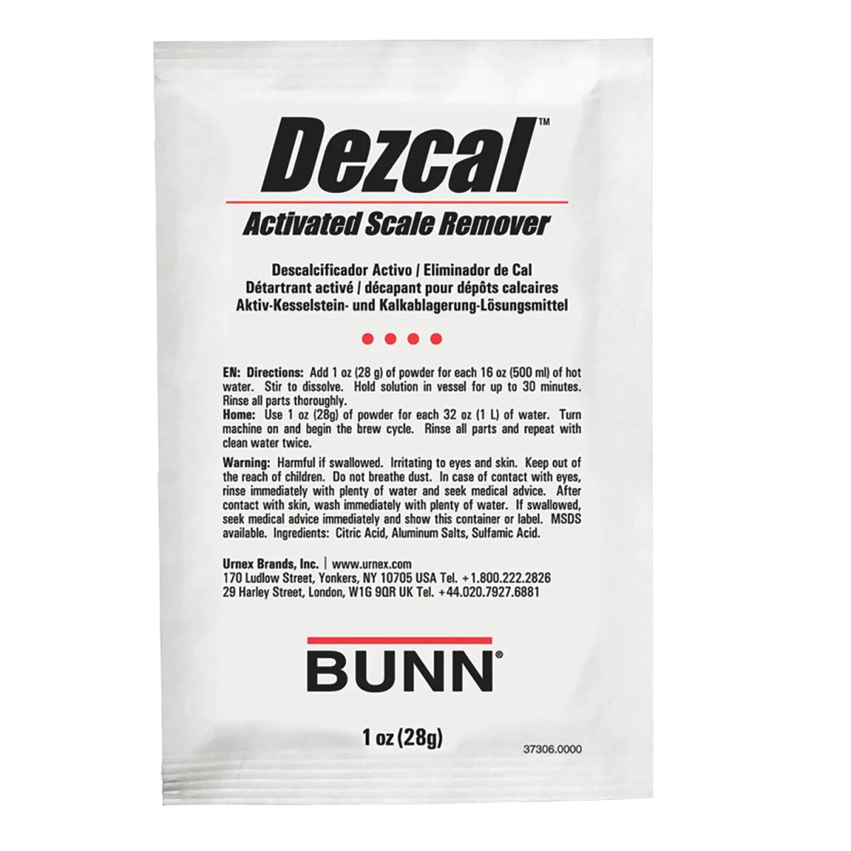 BUNN Coffee Maker Descaler Dezcal made by URNEX | 4 x 1 oz packets | 37306.0001